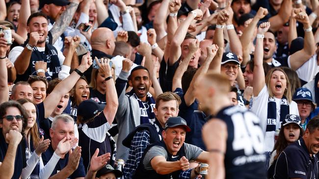 The Blues fans went nuts in the first term. Picture: Michael Willson/AFL Photos