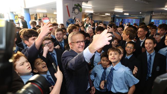 Anthony Albanese visits St Mary’s Catherderal School in Sydney where he used to go as a child. Picture: Sam Ruttyn