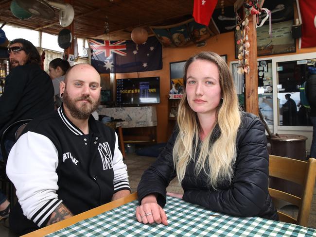 Joel Mackellar, 32, and Sherissa Bradshaw, 26, from Brisbane at the Boomerang cafe in Eceabat, Turkey. They are shocked by news of an arrest of a suspected terrorist. Picture: Ella Pellegrini