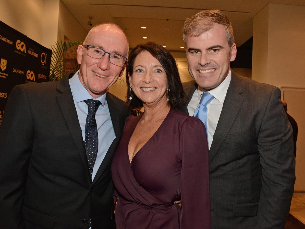 Pat Carroll, Tracey Scovell, Jeremy O'Connell at Gold Coast Marathon gala dinner at QT Resort Surfers Paradise. Picture: Regina King.