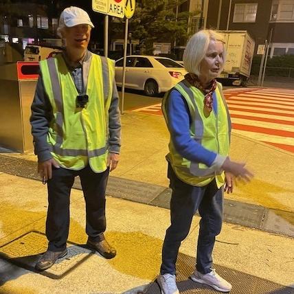 Residents of the Matthew Bligh apartment block at Manly, Brendon Lansdowne and Elizabeth Malwood, on night "pee" patrol to stop partygoers from East Esplanade Park urinating at the entrance to their home. Picture: Supplied