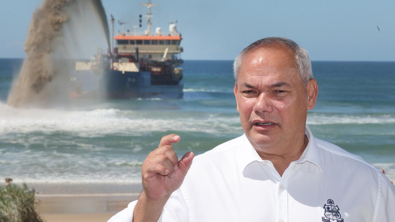 Gold Coast mayor Tom Tate as a dredger pumps sand at Surfers Paradise beach. Picture Glenn Hampson