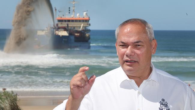 Gold Coast mayor Tom Tate as a dredger pumps sand at Surfers Paradise beach. Picture Glenn Hampson