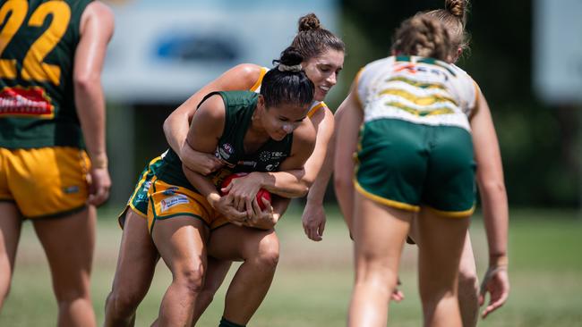 Tui Wineti and Jasmyn Hewett in the PINT vs St Mary's 2023-24 NTFL women's major semifinal. Picture: Pema Tamang Pakhrin