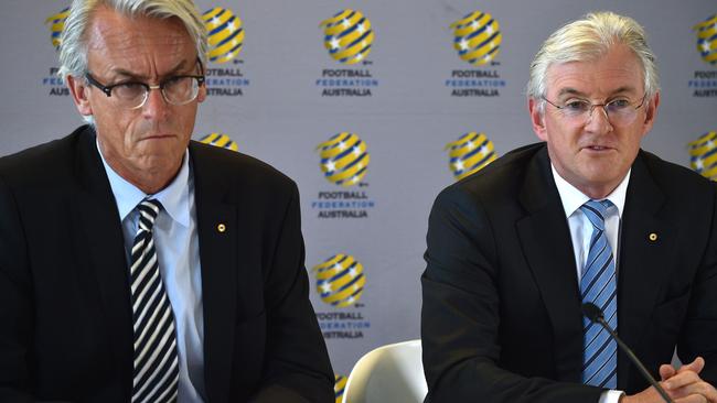 Football Federation Australia chairman Steven Lowy (R) and chief executive officer David Gallop.