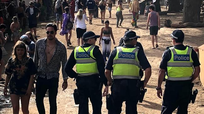 Police at Rainbow Serpent Festival, where seven revellers suffered suspected overdoses. 