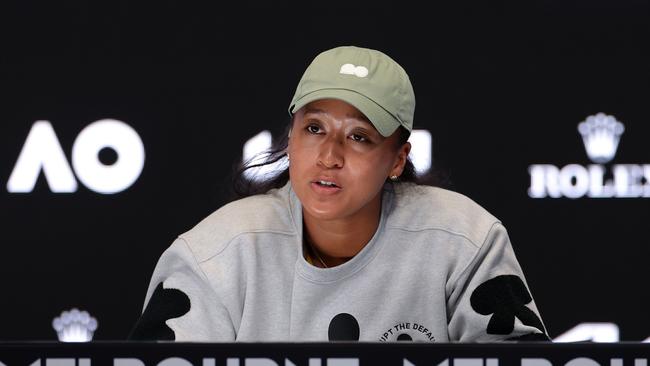 Naomi Osaka speaks to the media – where she fielded many questions about motherhood. Picture: Getty