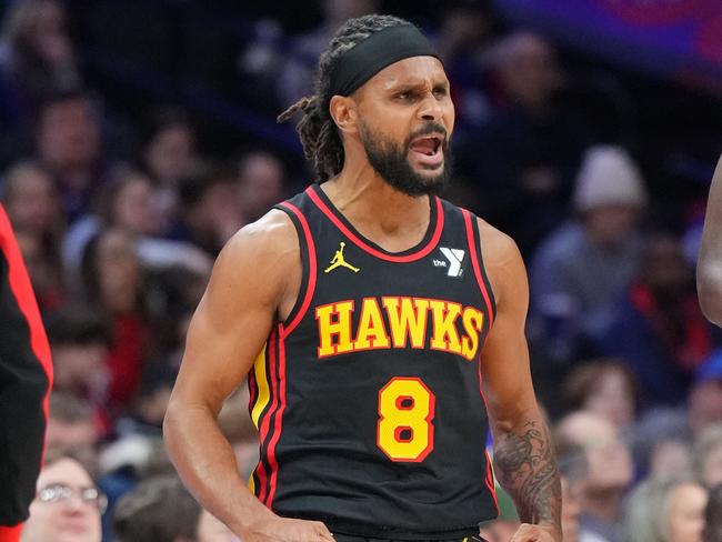 PHILADELPHIA, PA - DECEMBER 8: Patty Mills #8 of the Atlanta Hawks celebrates during the game against the Philadelphia 76ers on December 8, 2023 at the Wells Fargo Center in Philadelphia, Pennsylvania NOTE TO USER: User expressly acknowledges and agrees that, by downloading and/or using this Photograph, user is consenting to the terms and conditions of the Getty Images License Agreement. Mandatory Copyright Notice: Copyright 2023 NBAE (Photo by Jesse D. Garrabrant/NBAE via Getty Images)