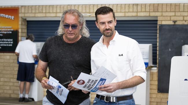 WA Liberal Candidate Zak Kirkup votes with his father Rob Kirkup at his electorate of Dawesville in Falcon today. Picture: Getty Images)