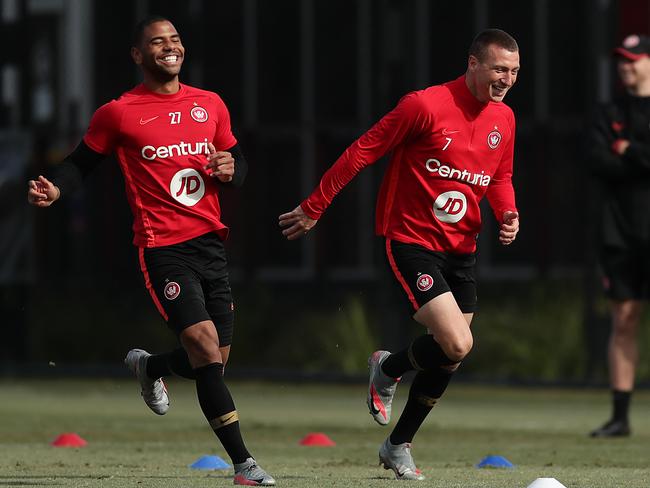 SYDNEY, AUSTRALIA - JULY 14: Mitchell Duke and Kwame Yeboah of the Wanderers smile during a Western Sydney Wanderers training session at the Wanderers Centre of Football on July 14, 2020 in Sydney, Australia. (Photo by Mark Metcalfe/Getty Images)