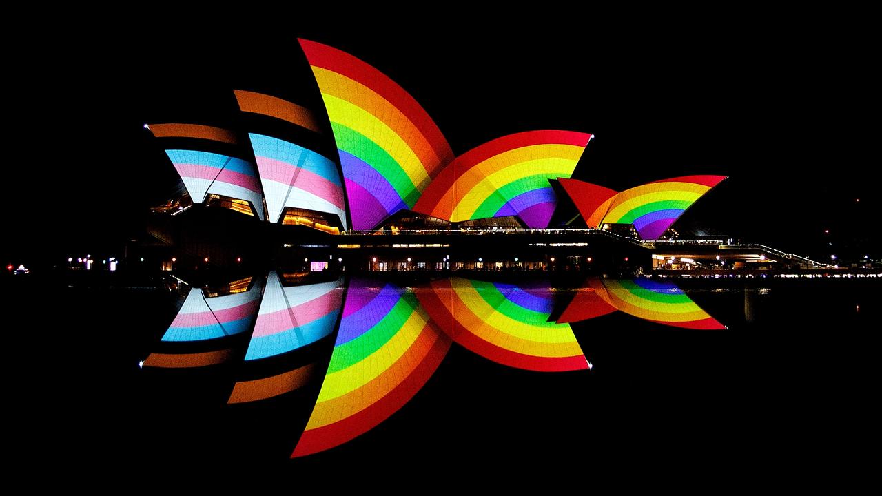 The Sydney Opera House wears the Progress Pride Flag to celebrate the start of Sydney WorldPride. Picture: Brendon Thorne/Getty Images