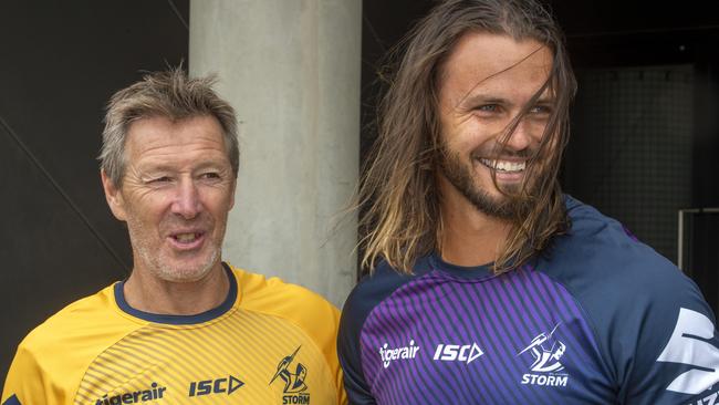 BEFORE: Craig Bellamy and Sandor Earl had their heads shaved after helping to raise more than $30,000 for the Leukaemia Foundation. Picture Jay Town Picture Jay Town