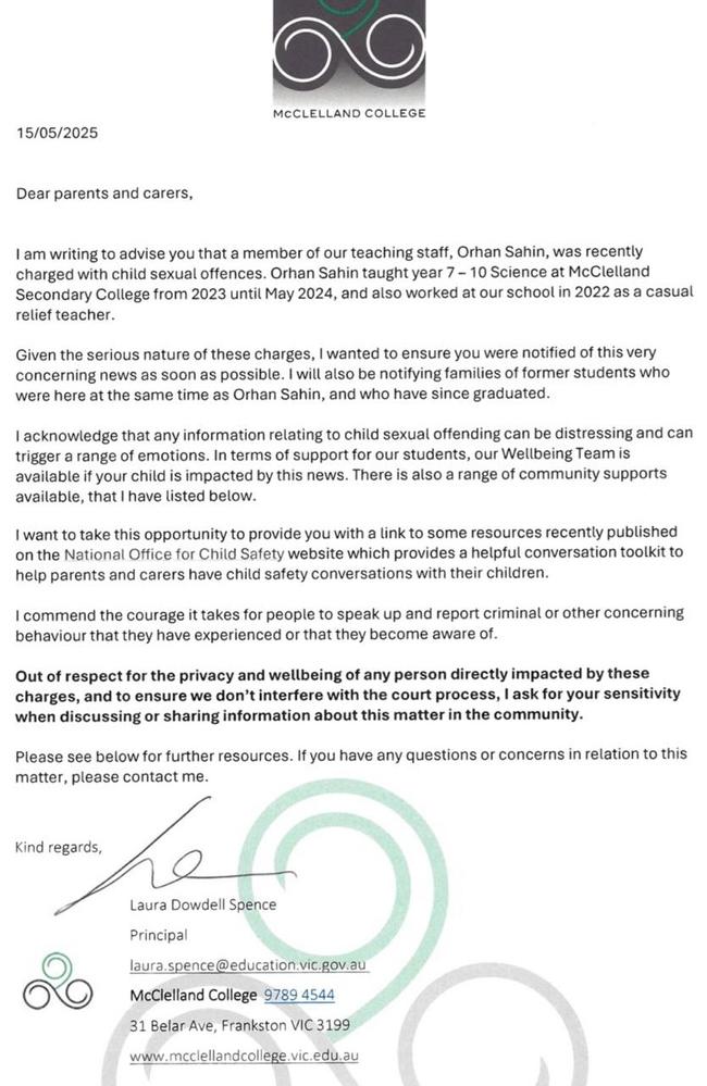 A letter sent to parents informing them about former science teacher Orhan Sahin's charges. Picture: Facebook