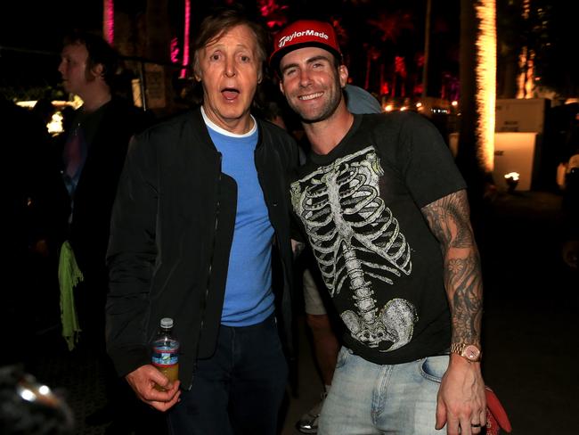 The Beatle goes on ... Paul McCartney and Adam Levine attend day one of the festival. Picture: Christopher Polk/Getty Images for Coachella