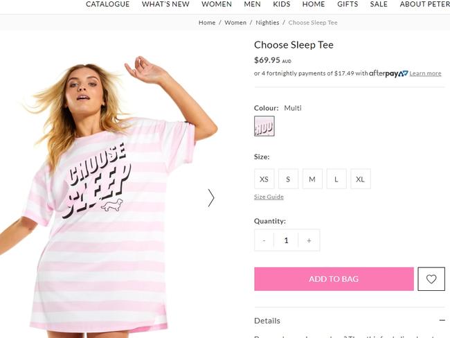 The Choose Sleep Tee advertised for $69.95 on www.peteralexander.com.au.