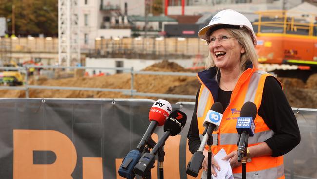 Regional Development Minister Gayle Tierney in front of the works being undertaken to build the Nyaal Banyul Geelong Convention and Event Centre. Picture: Alison Wynd.