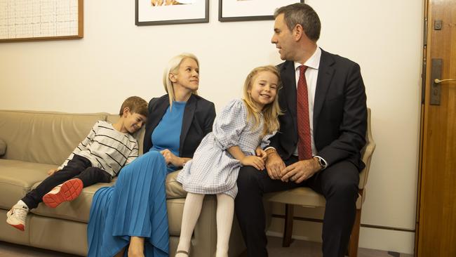 Australian Treasurer Jim Chalmers with his wife Laura and children Leo and Annabel prior to his hand down the 2022 Federal Budget. Picture: NCA NewsWire / Gary Ramage