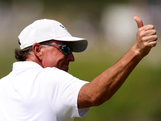 STERLING, VIRGINIA - MAY 27: Phil Mickelson of HyFlyers GC   gives the thumbs up after putting out on the 18th green during day two of the LIV Golf Invitational - DC at Trump National Golf Club on May 27, 2023 in Sterling, Virginia. (Photo by Rob Carr/Getty Images)