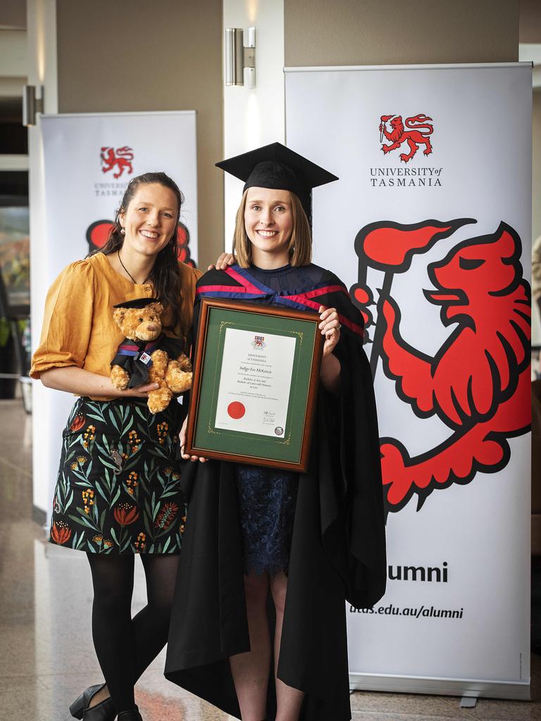 UTAS Graduations, Indigo McKenzie (Bachelor of Arts and Bachelor of Laws with Honours) and fiancee Anna Thomas at Hobart. Picture Chris Kidd