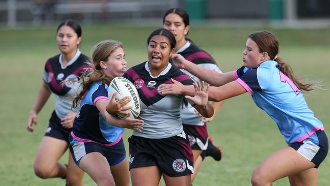 Titans Schools League at Burleigh Bears Junior Rugby League. .Year 9/10 Division 1 girls: - Marymount v Marsden. Marsdens Jordis Kelemete on the charge. Picture Glenn Hampson