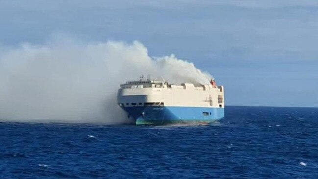 The Felicity Ace vessel is still in flames, with the vessel floating off the coast of Azores, Portugal. Picture: Marinha Portuguesa.