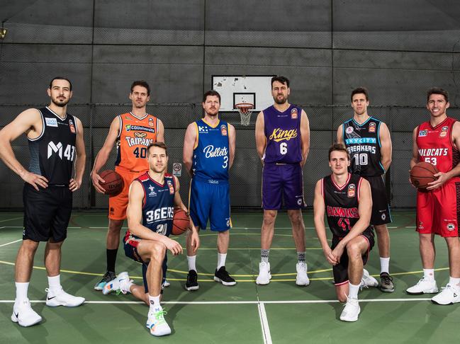 Chris Goulding of Melbourne United, Alexander Loughton of the Cairns Taipans, Nathan Sobey of the Adelaide 36ers, Cameron Gliddon of the Brisbane Bullets, Andrew Bogut of the Sydney Kings, Emmett Naar of the Illawarra Hawks, Thomas Abercrombie of the New Zealand Breakers and Damian Martin of the Perth Wildcats pose during the NBL First Ever Apparel Uniform Launch at the Ultimo Community Centre