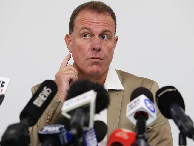 Former Matildas coach Alen Stajcic speaks after being sacked by the FFA during a press conference at North Sydney. Picture: Brett Costello