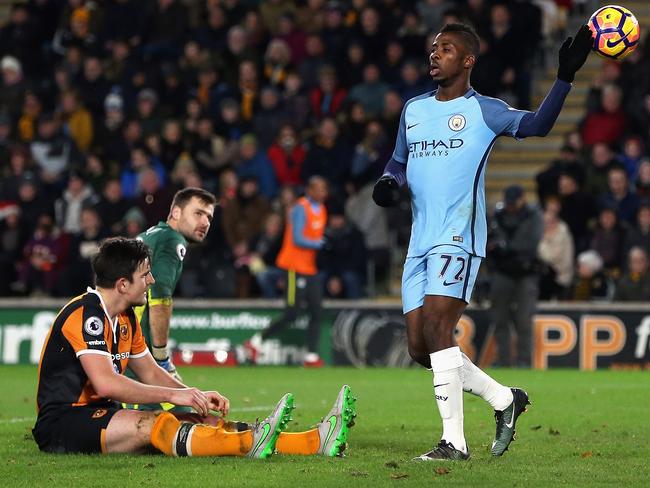 Kelechi Iheanacho of Manchester City celebrates scoring his team's second goal.