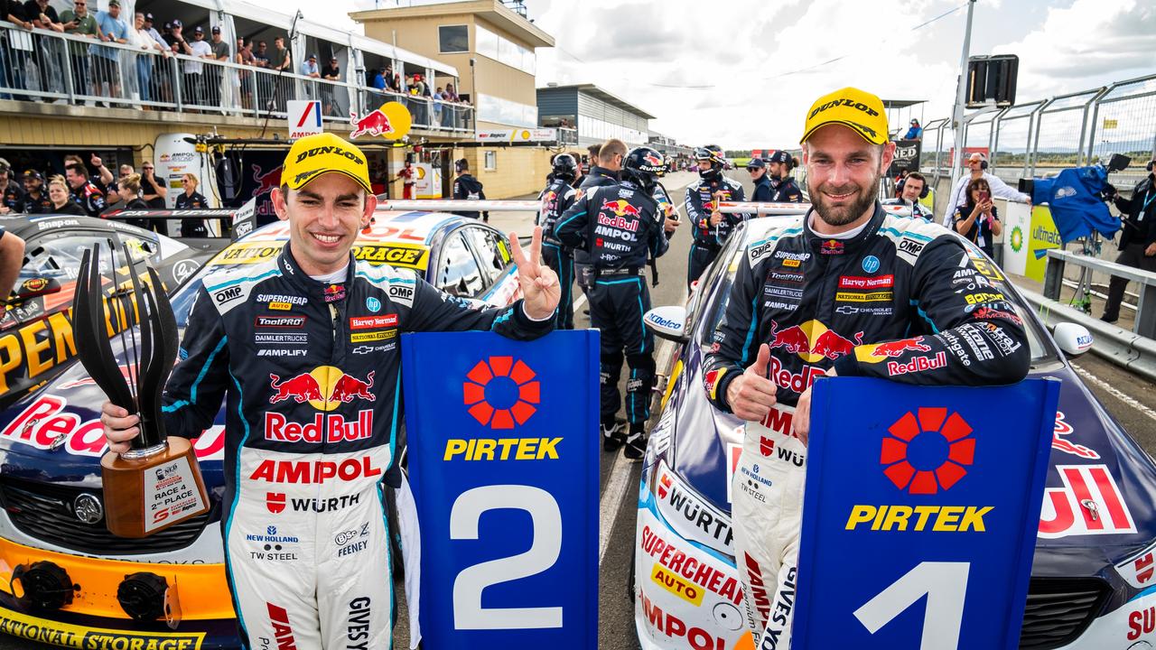 LAUNCESTON, AUSTRALIA - MARCH 26: (L-R) Broc Feeney driver of the #88 Red Bull Ampol Racing Holden Commodore ZB celebrates with Shane van Gisbergen driver of the #97 Red Bull Ampol Holden Commodore ZB after race 2 which is part of round 2 of the 2022 Supercars Championship Season at Symmons Plains Raceway on March 26, 2022 in Launceston, Australia. (Photo by Daniel Kalisz/Getty Images)