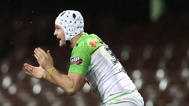 Jarrod Croker of the Raiders celebrates after scoring a try. Picture: Cameron Spencer/Getty Images