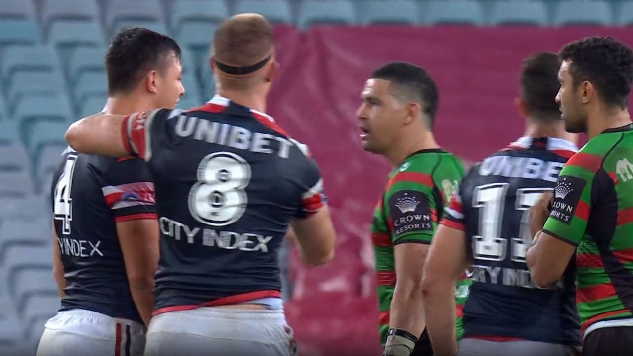 Joey Manu and Cody Walker clash. Picture: Fox Sports