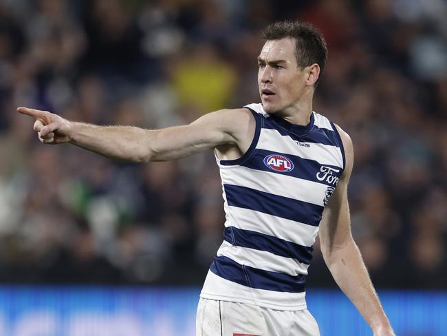 GEELONG, AUSTRALIA – MAY 10: Jeremy Cameron of the Cats celebrates a goal during the round nine AFL match between Geelong Cats and Port Adelaide Power at GMHBA Stadium, on May 10, 2024, in Geelong, Australia. (Photo by Darrian Traynor/Getty Images)