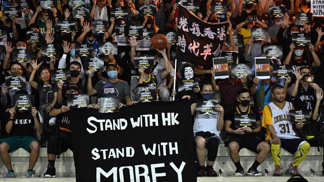 Hong Kong protesters show their support for Houston Rockets general manager Daryl Morey. Picture: AFP