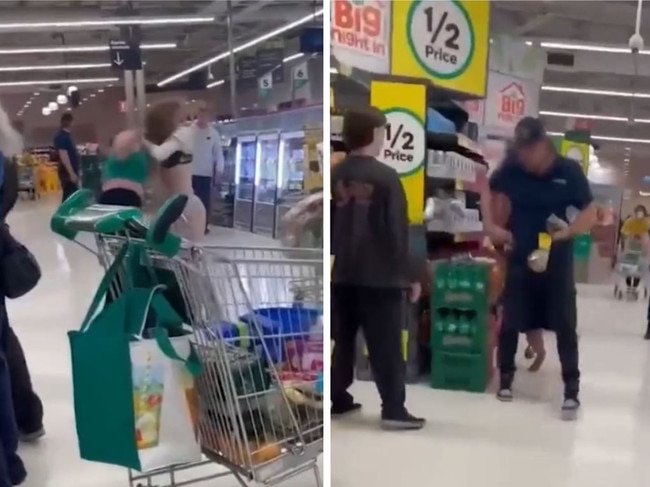 A woman was caught on camera handing off her baby to join an unruly brawl at a Woolworths store.