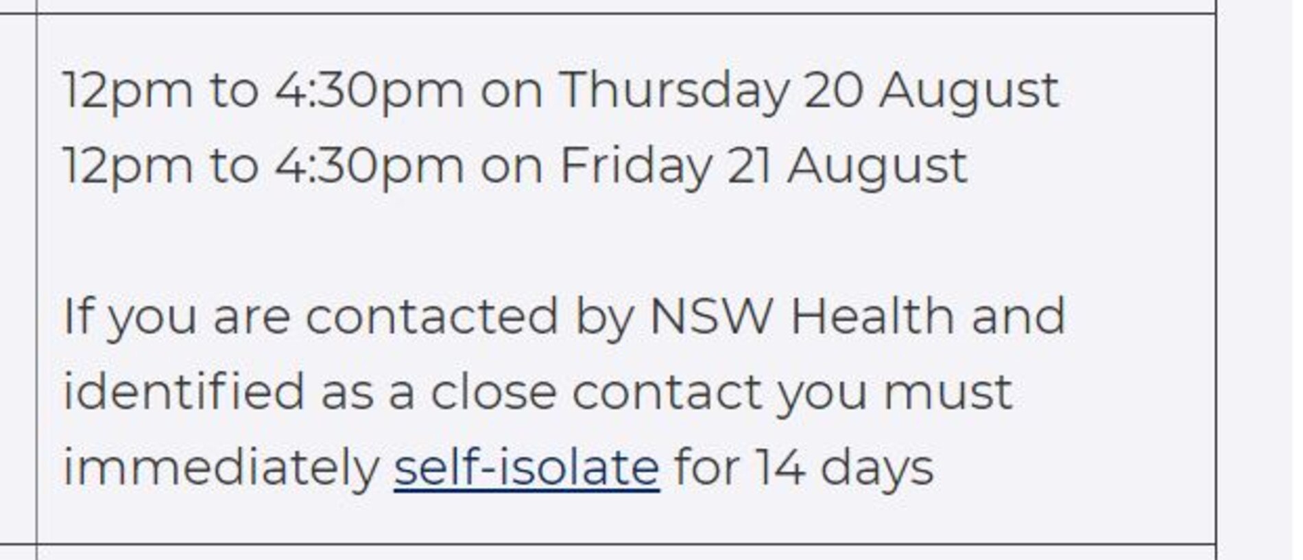 The advice for Fitness First Bond Street, Sydney as of September 1. Picture: NSW Health