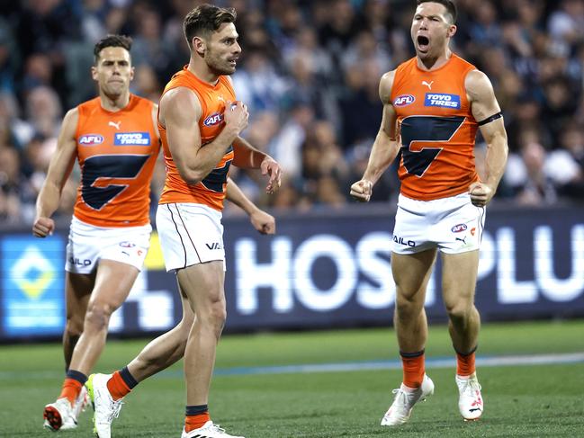 Stephen Coniglio kicked one of five second-quarter goals for the Giants against Port Adelaide. Picture: Phil Hillyard