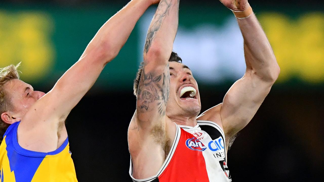 Free agent Josh Battle flies for a mark in St Kilda’s win over West Coast on Saturday. Picture: Josh Chadwick / Getty Images