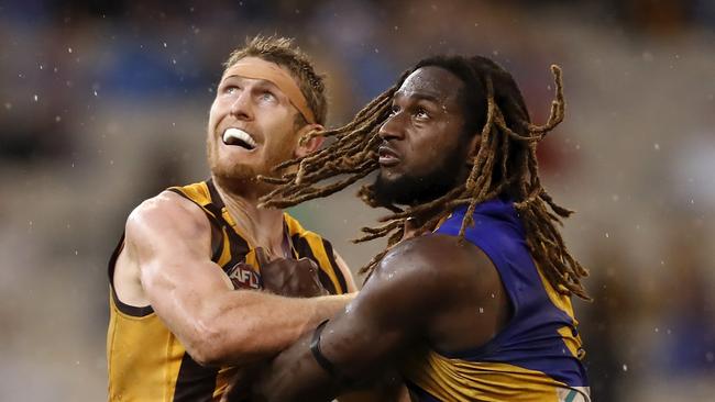 Hawk Ben McEvoy and Eagle Nic Naitanui compete in a ruck contest during the Beyond Blue Cup.