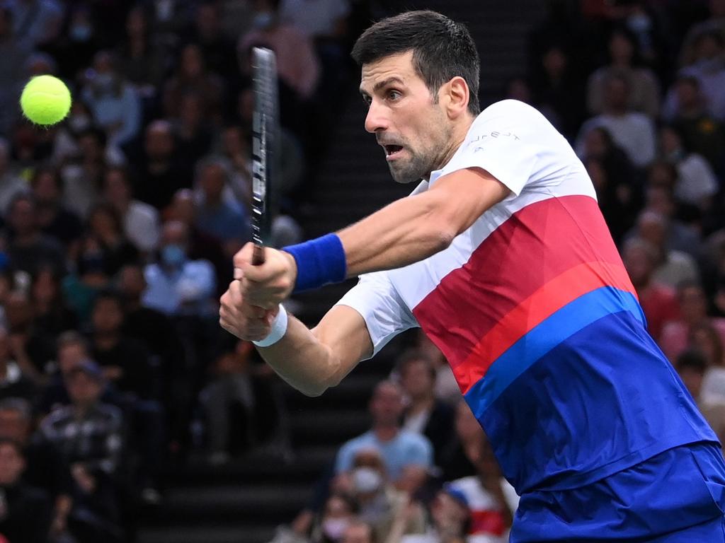 Novak Djokovic plays a backhand during the men’s singles final of the Paris Masters, in which he came from a set down to defeat his US Open conqueror Daniil Medvedev. Picture: Justin Setterfield/Getty Images