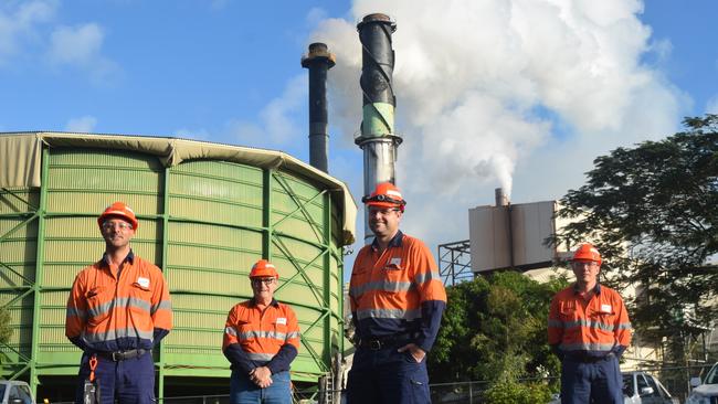 Work execution manager Sebastian Foti, cane supply manager Tony Marino, production superintendent Damien Kelly and regional operations manager Craig Muddle outside Proserpine Mill on the first day of the 2020 crush. Picture: Laura Thomas