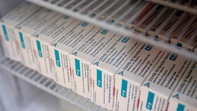 Packets of the AstraZeneca/Oxford Covid-19 vaccine, destined for housebound patients, are pictured in the fridge at Stubley Medical Centre near Chesterfield, central England.