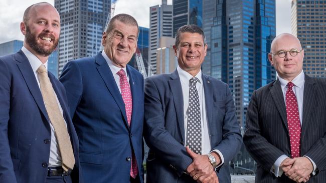 Jeff Kennett and Steve Bracks with Matt Johnston and James Campbell. Picture: Jake Nowakowski