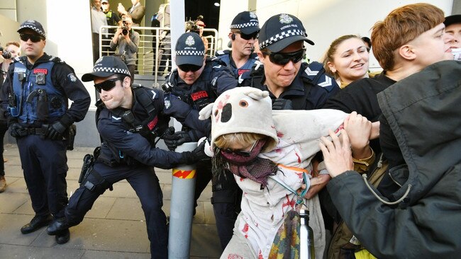 Climate change activists attempt to blockade the IMARC conference at the Melbourne Exhibition Centre. Picture: Jake Nowakowski