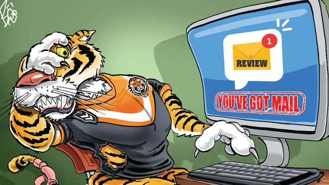 The dreaded Wests Tigers review was heavy reading for the board and CEO. Artwork: Scott 'Boo' Bailey.