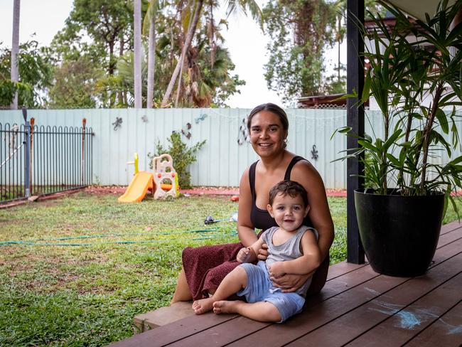 Noeliesha Young and her mother Jana Harmer pictured with Noeliesha's son Matteo in Jana's backyard in the northern suburbs of Darwin.