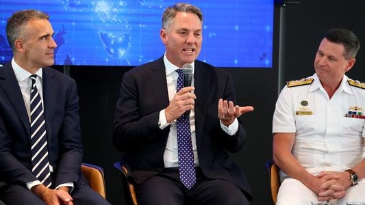 South Australian Premier Peter Malinauskas, Deputy Prime Minister Richard Marles and The Chief of navy Australia, Vice Admiral Mark Hammond at the Defending Australia round table held at The Advertiser.