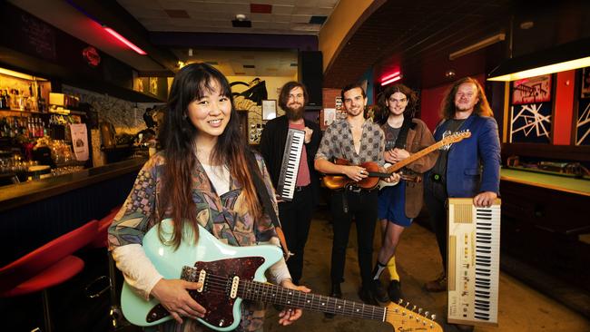 Musicians Min Seo Cho, Phillip Couper, Soren Risby, Riley Allardice and Sam Dowson at the Brisbane Hotel. PICTURE CHRIS KIDD