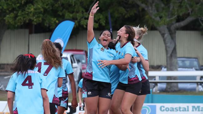 The Keebra Park Girls year 9-10 division one team celebrate a nailbiting win against Mabel Park... Picture Glenn Hampson