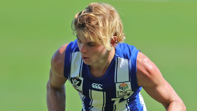 VFL practice match: North Melbourne v Sandringham. Jackson Archer (son of Roos great and current board member Glenn Archer). Jackson in action at the Arden st oval in North Melbourne. Picture: Alex Coppel.