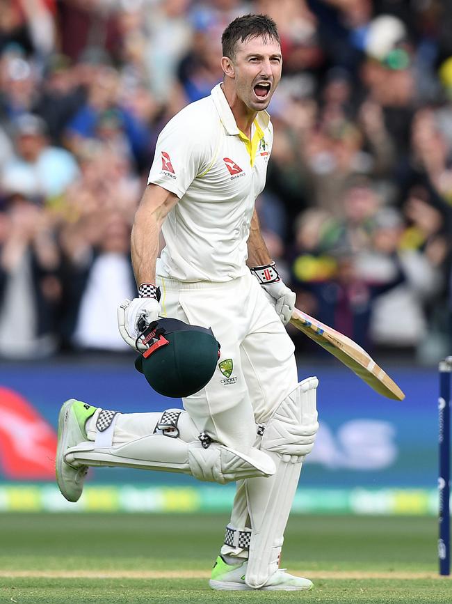 Marsh celebrates his ton against the Poms at Adelaide Oval in 2017. Picture: AAP Image/Dave Hunt